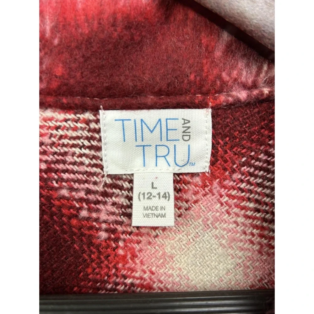 Time and Tru Jacket Womens Large Red White Plaid Button Up‎ Wool Blend Shacket